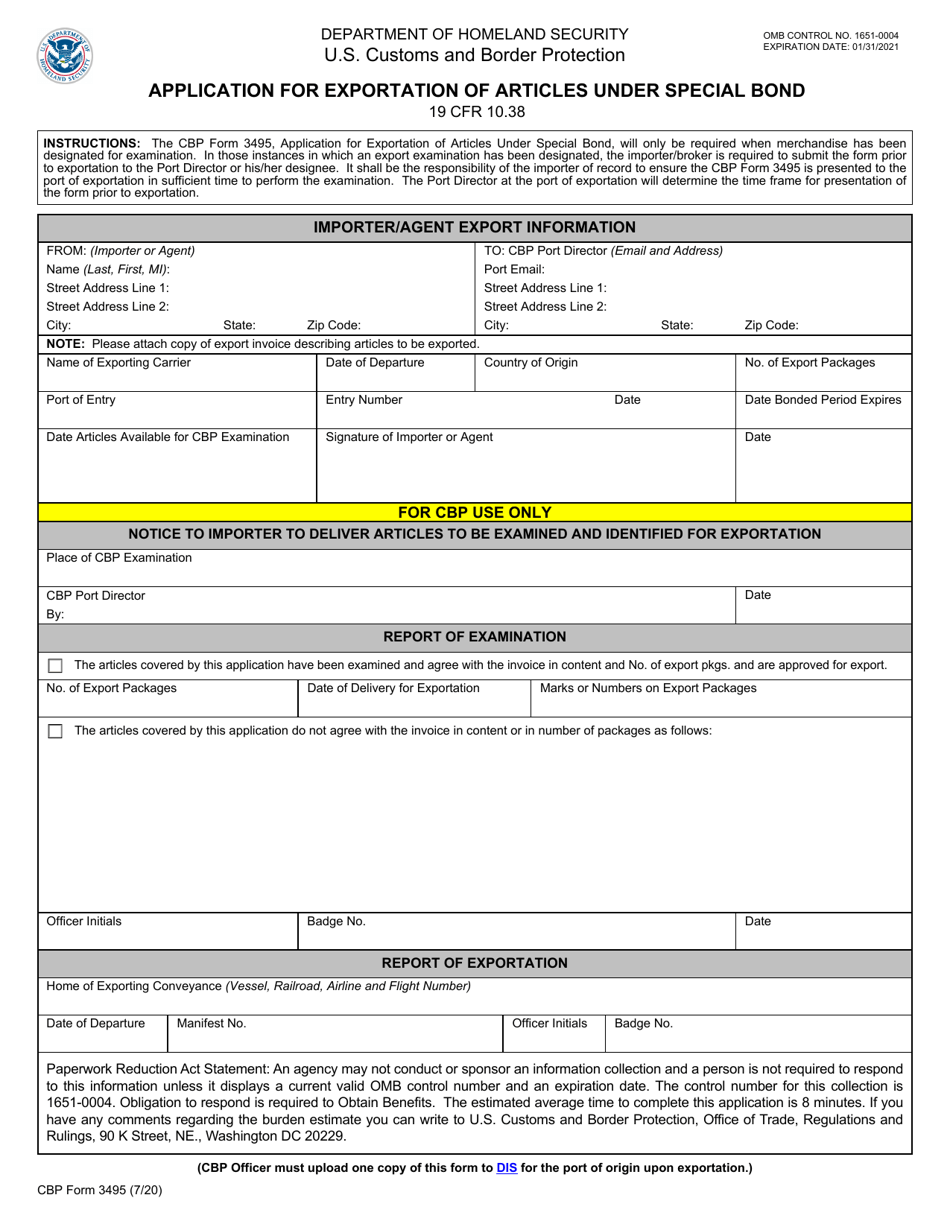 CBP Form 3495 Application for Exportation of Articles Under Special Bond, Page 1