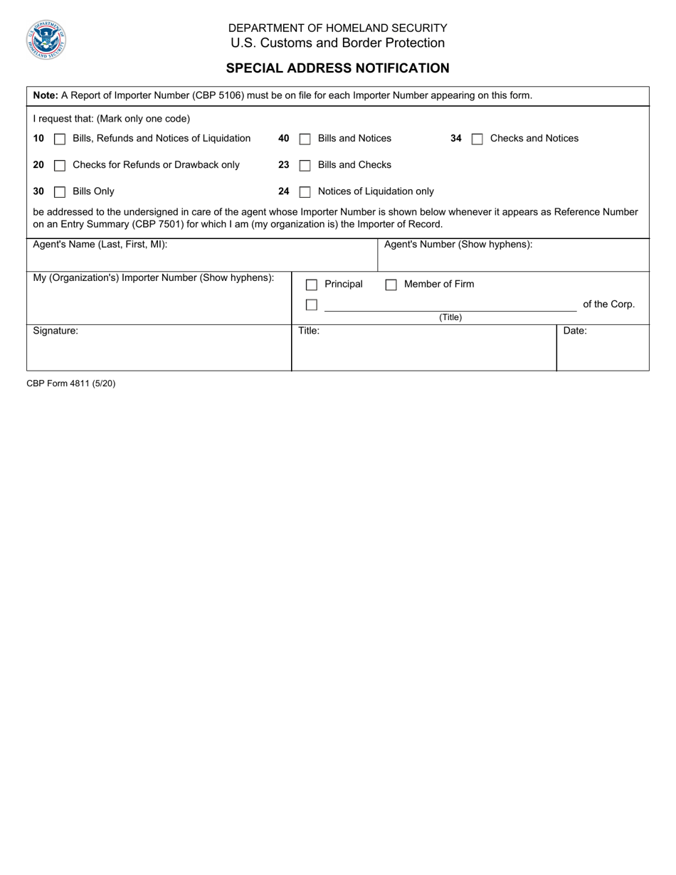 CBP Form 4811 Download Fillable PDF Or Fill Online Special Address ...