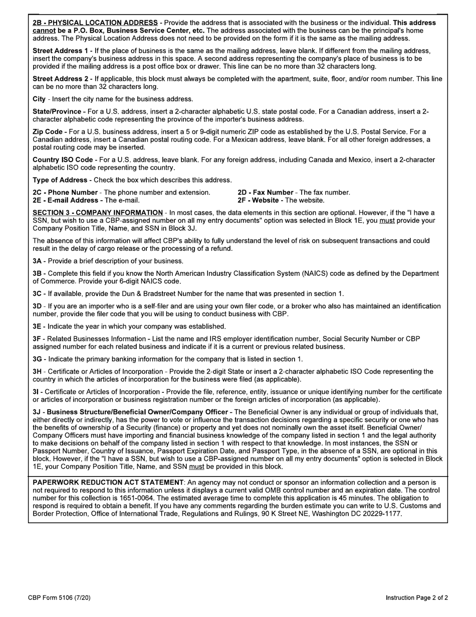 CBP Form 5106 Create / Update Importer Identity Form, Page 5