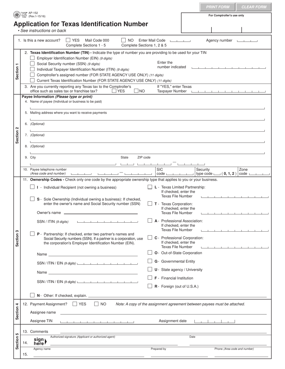 Form AP-152 Application for Texas Identification Number - Texas, Page 1