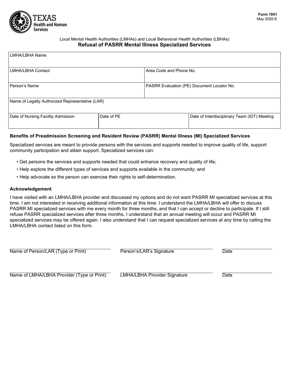 Form 1041 Refusal of Pasrr Mental Illness Specialized Services - Texas, Page 1