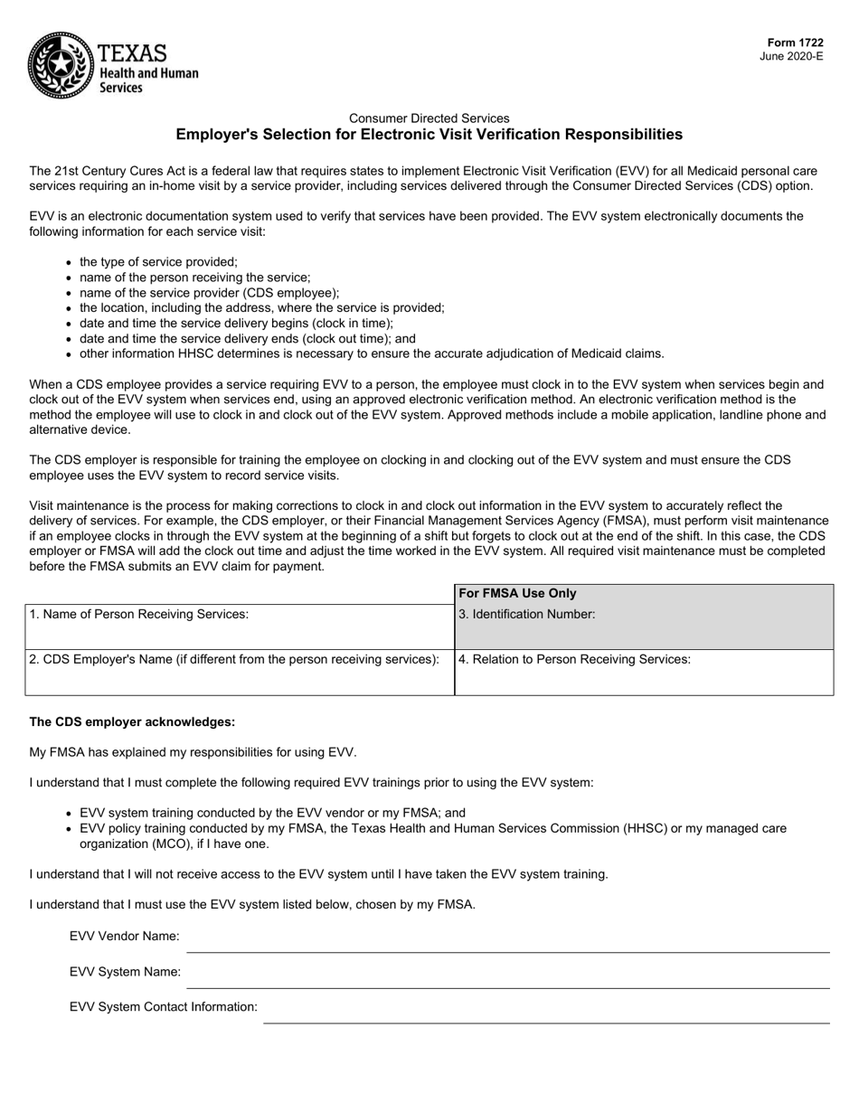 Form 1722 Employers Selection for Electronic Visit Verification Responsibilities - Texas, Page 1