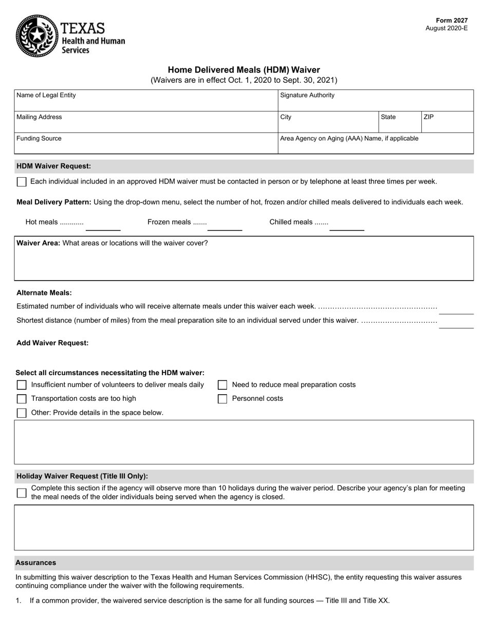 Form 2027 Home-Delivered Meals Waiver Request - Texas, Page 1