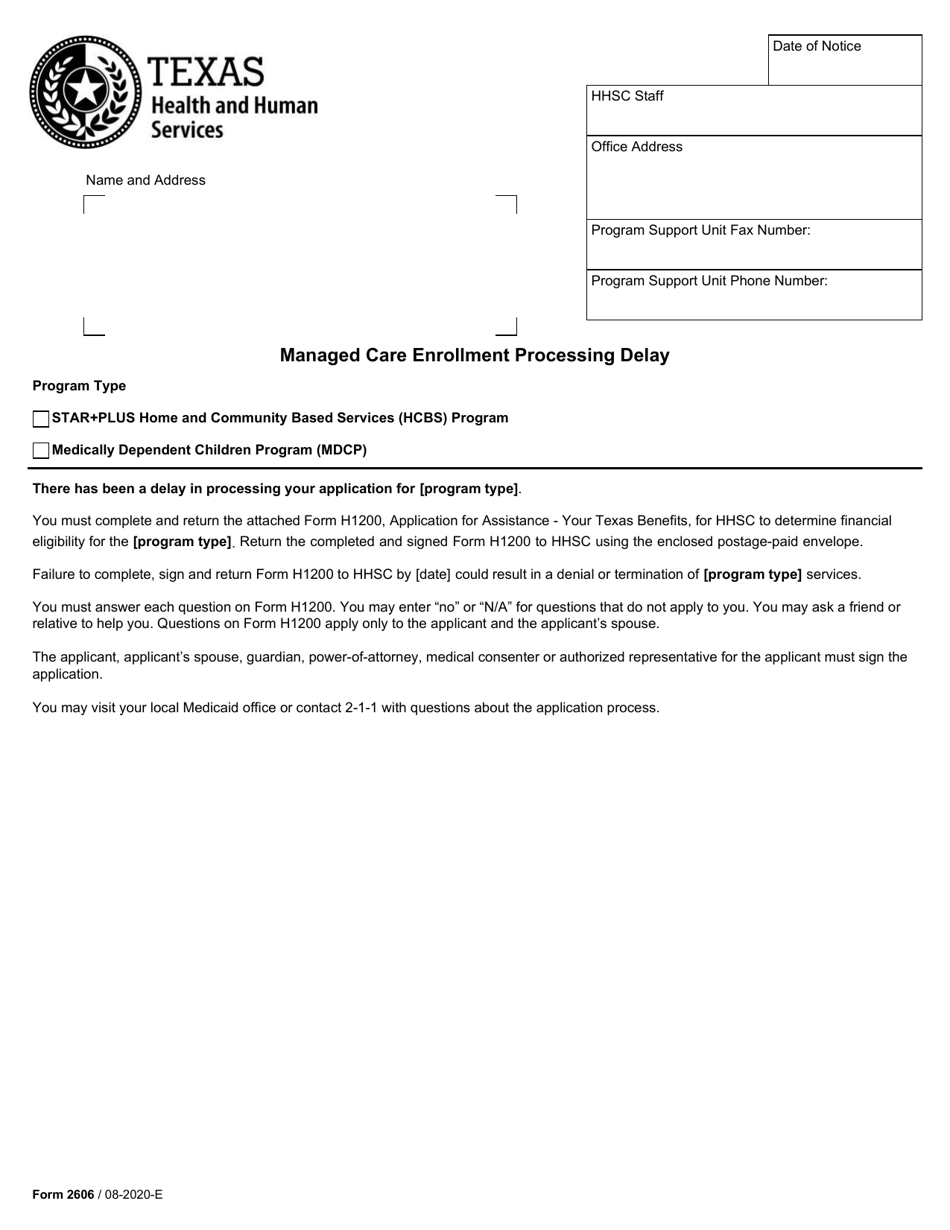 Form 2606 Managed Care Enrollment Processing Delay - Texas, Page 1