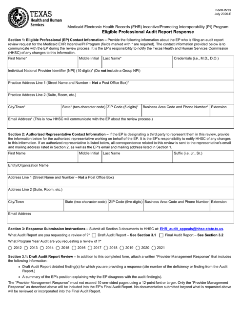 Form 2702 Eligible Professional Audit Report Response - Texas