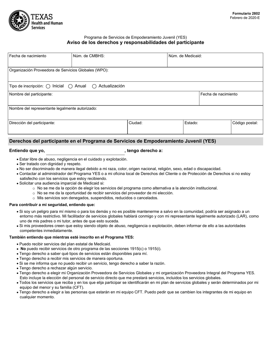 Formulario 2802-S Aviso De Los Derechos Y Responsabilidades Del Participante - Texas (Spanish), Page 1