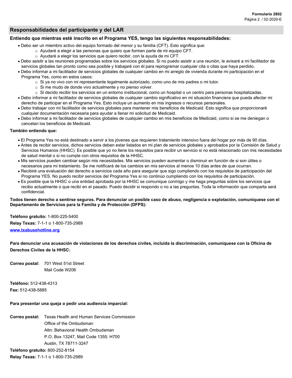 Formulario 2802-S Aviso De Los Derechos Y Responsabilidades Del Participante - Texas (Spanish), Page 2