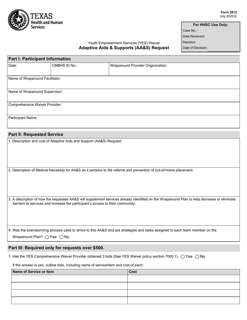 Form 2812 Youth Empowerment Services (Yes) Waiver Adaptive AIDS  Supports (Aas) Request - Texas, Page 1