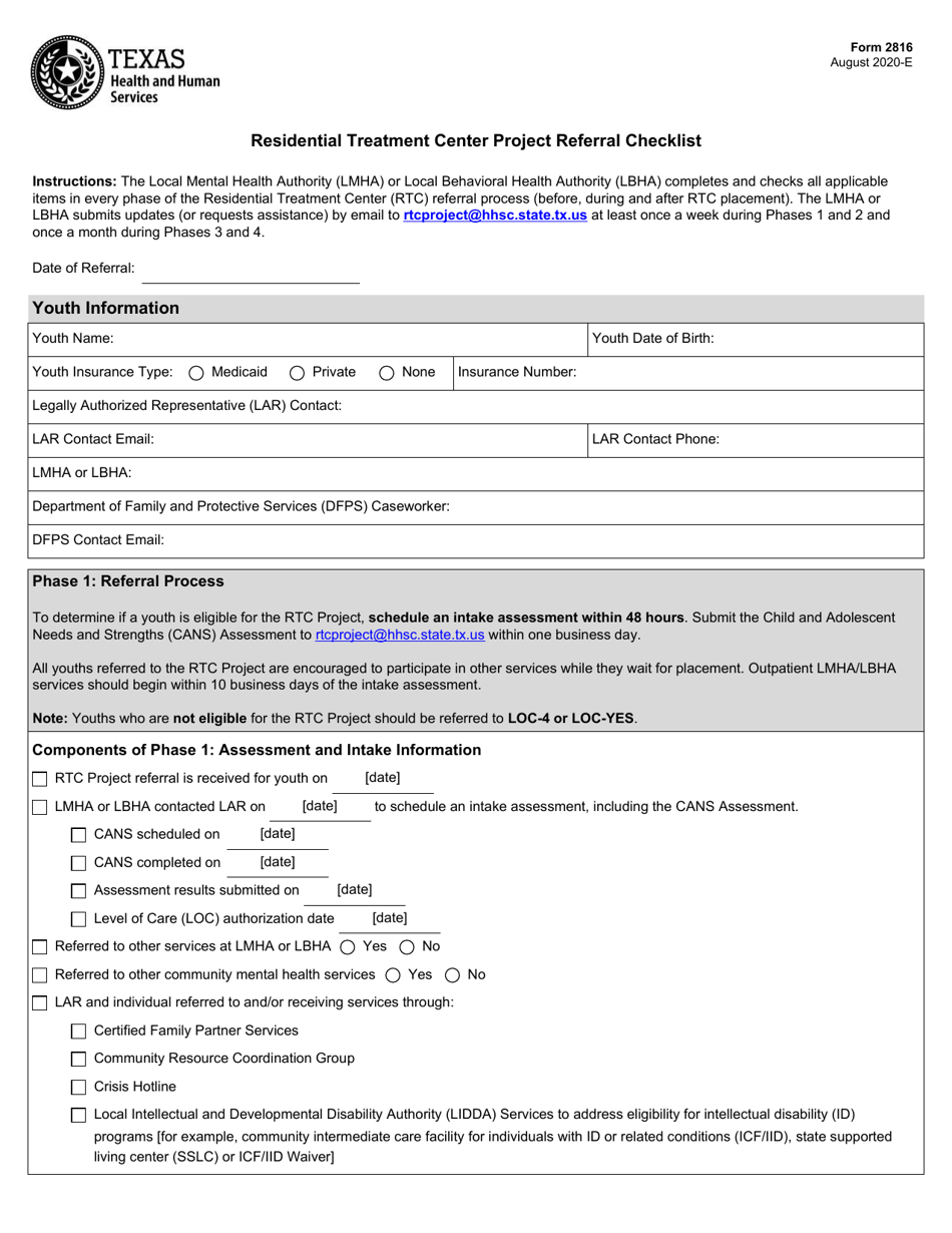 Form 2816 Residential Treatment Center Project Referral Checklist - Texas, Page 1
