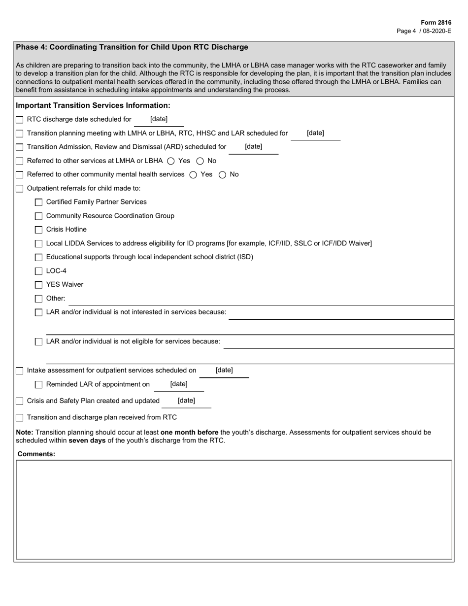 Form 2816 Residential Treatment Center Project Referral Checklist - Texas, Page 4