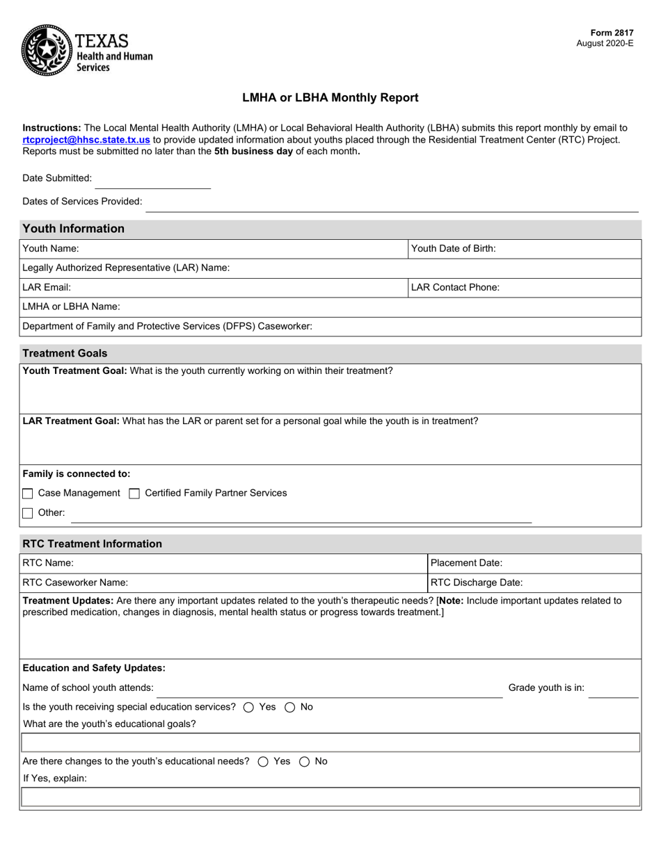 Form 2817 Local Mental Health Authority (Lmha) or Local Behavioral Health Authority (Lbha) Monthly Report - Texas, Page 1