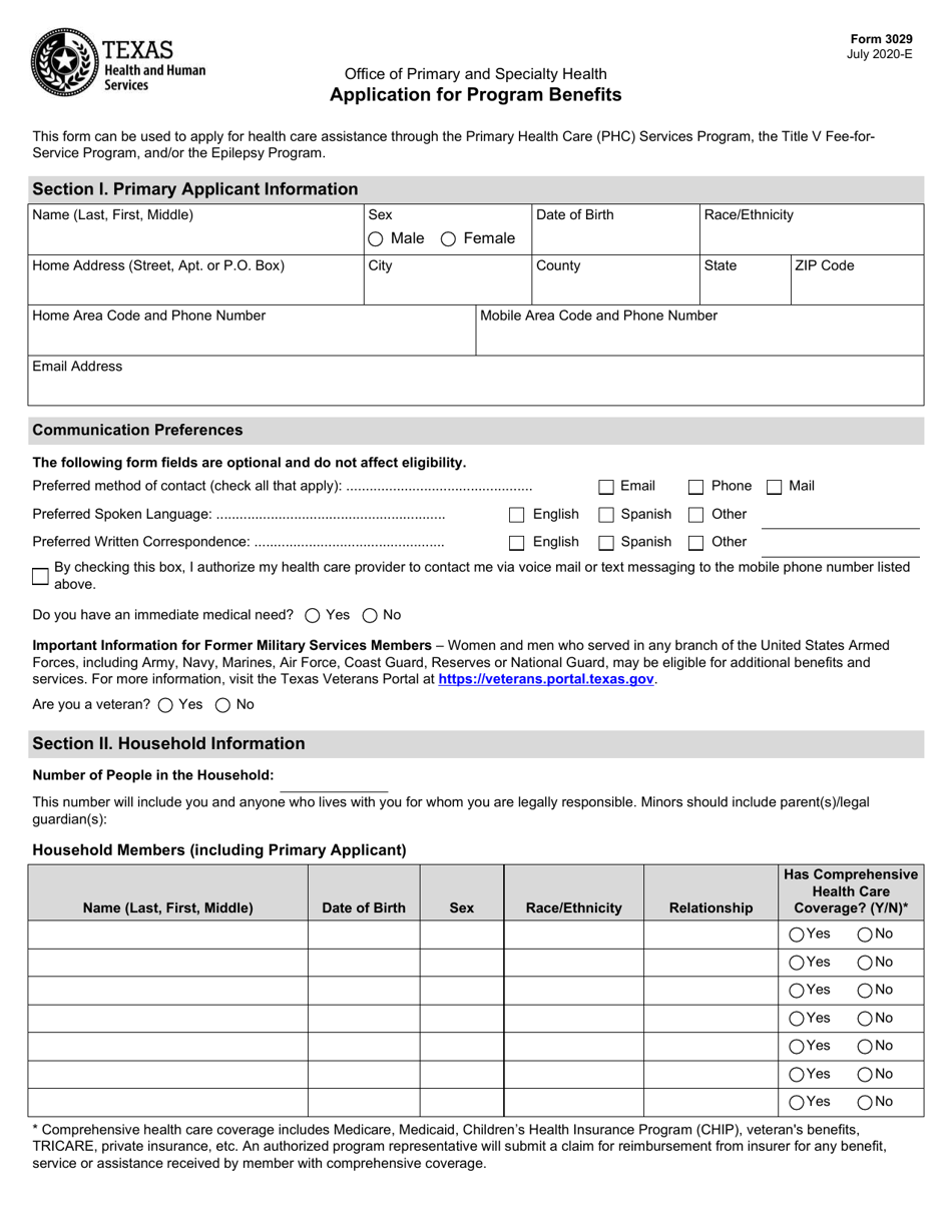Form 3029 Office of Primary and Specialty Health Application for Program Benefits - Texas, Page 1