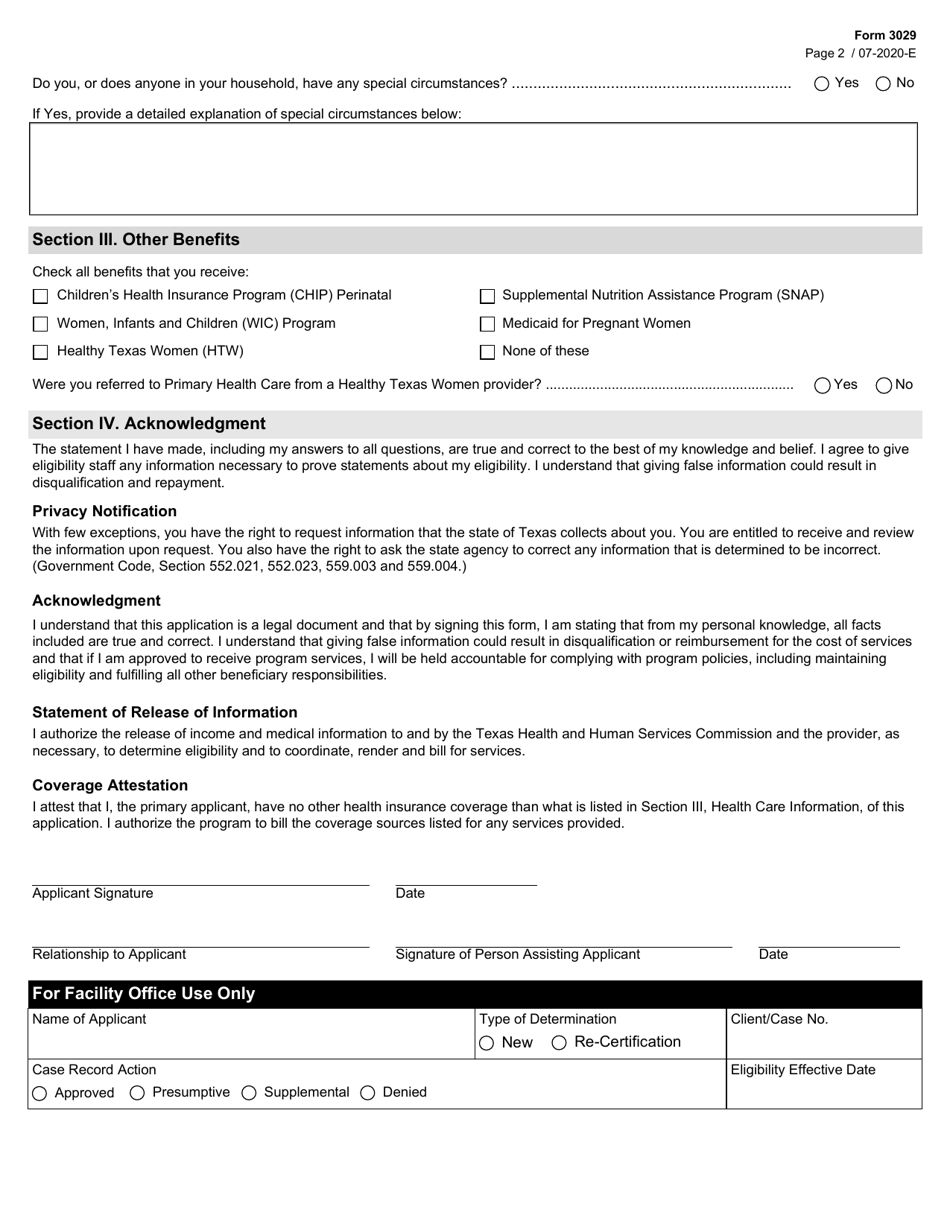 Form 3029 Office of Primary and Specialty Health Application for Program Benefits - Texas, Page 2
