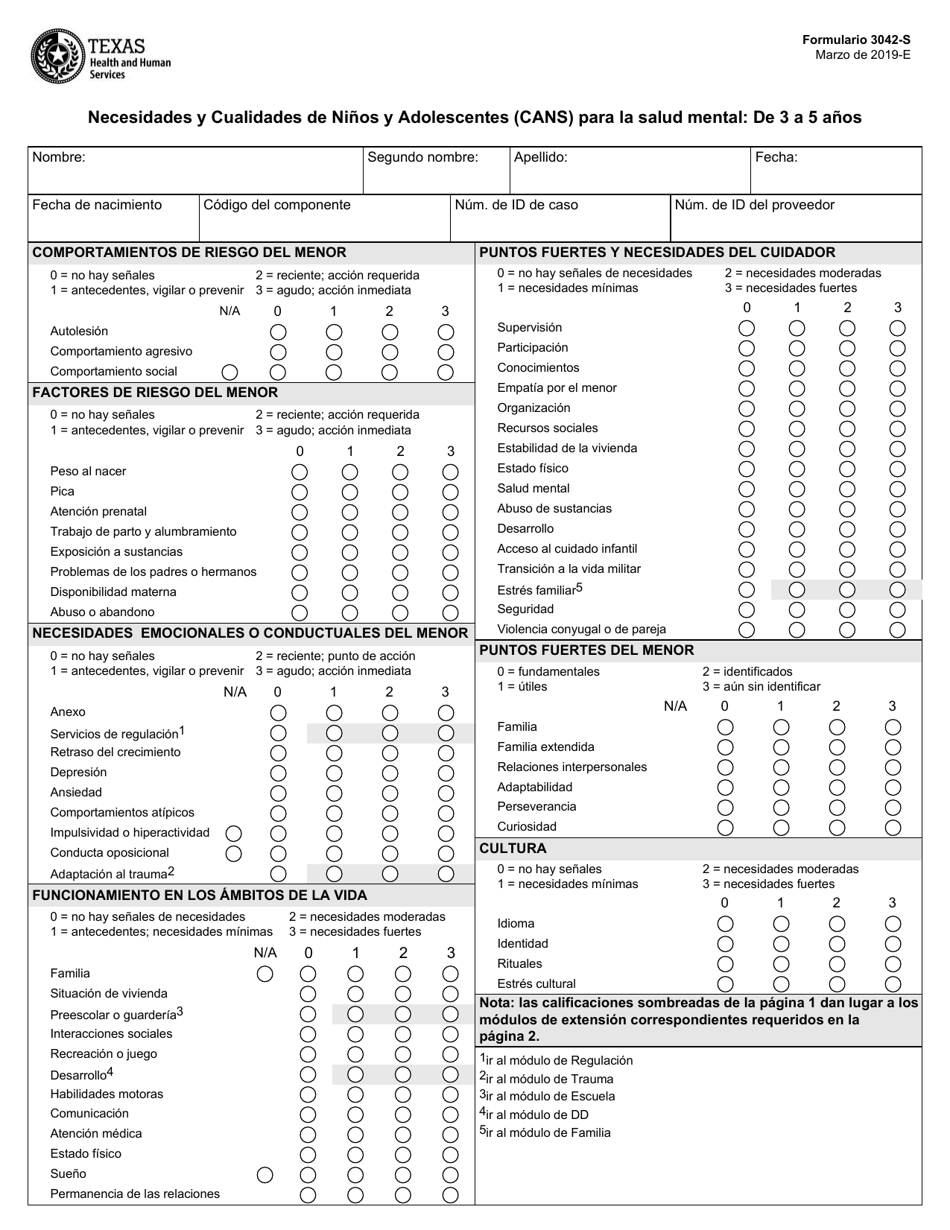 Formulario 3042-S Necesidades Y Cualidades De Ninos Y Adolescentes (Cans) Para La Salud Mental: De 3 a 5 Anos - Texas (Spanish), Page 1