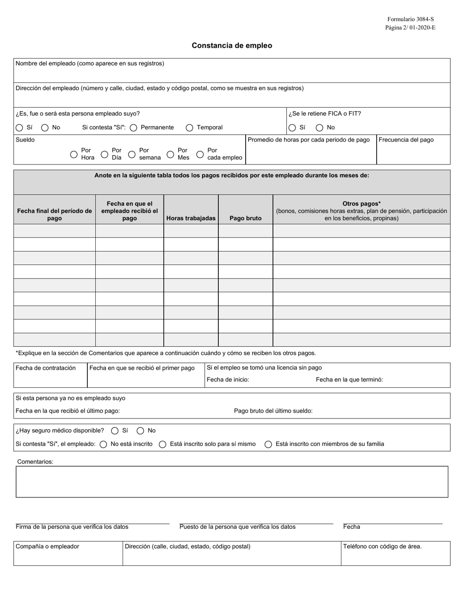 Formulario 3084-S Constancia De Empleo - Texas (Spanish), Page 2