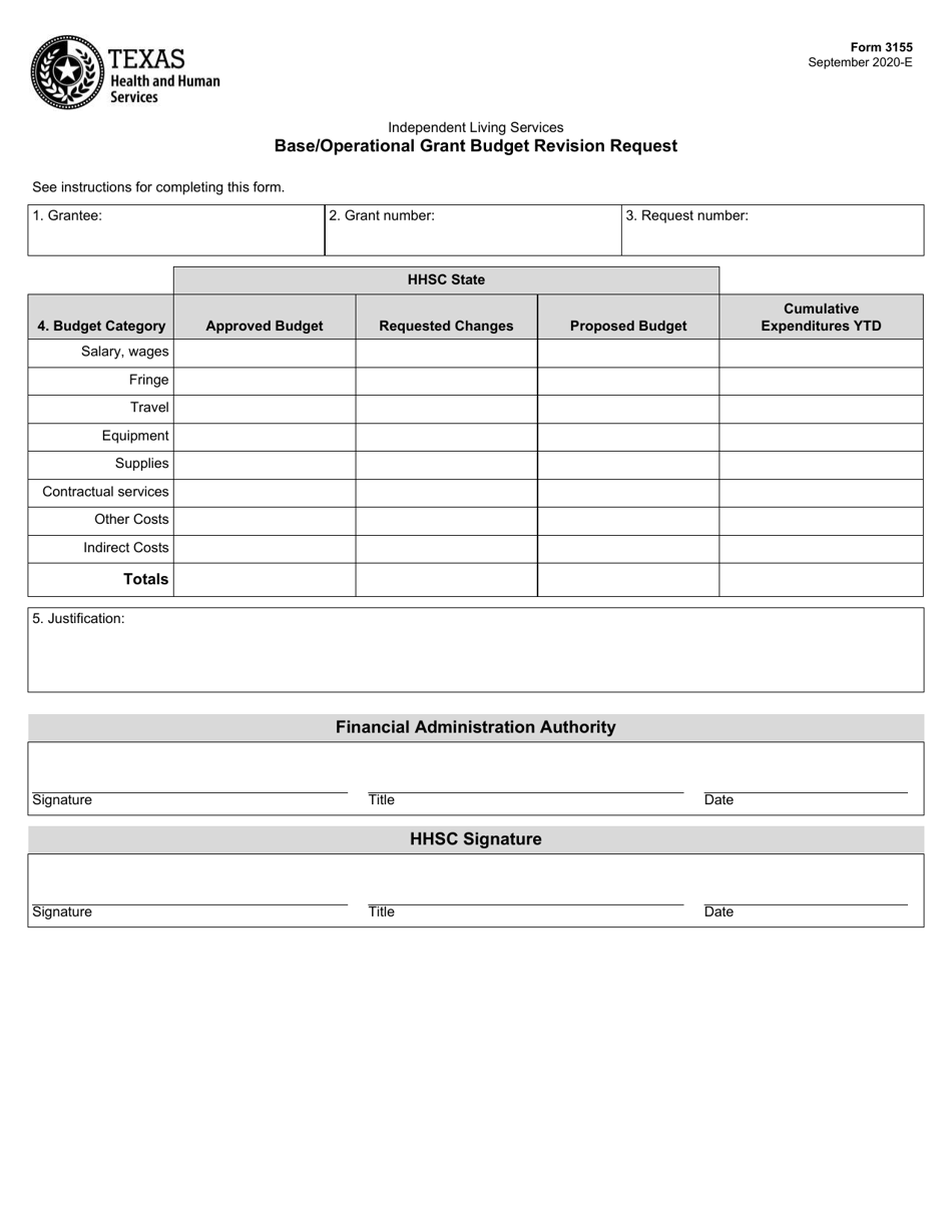 Form 3155 Base/Operational Grant Budget Revision Request - Texas, Page 1