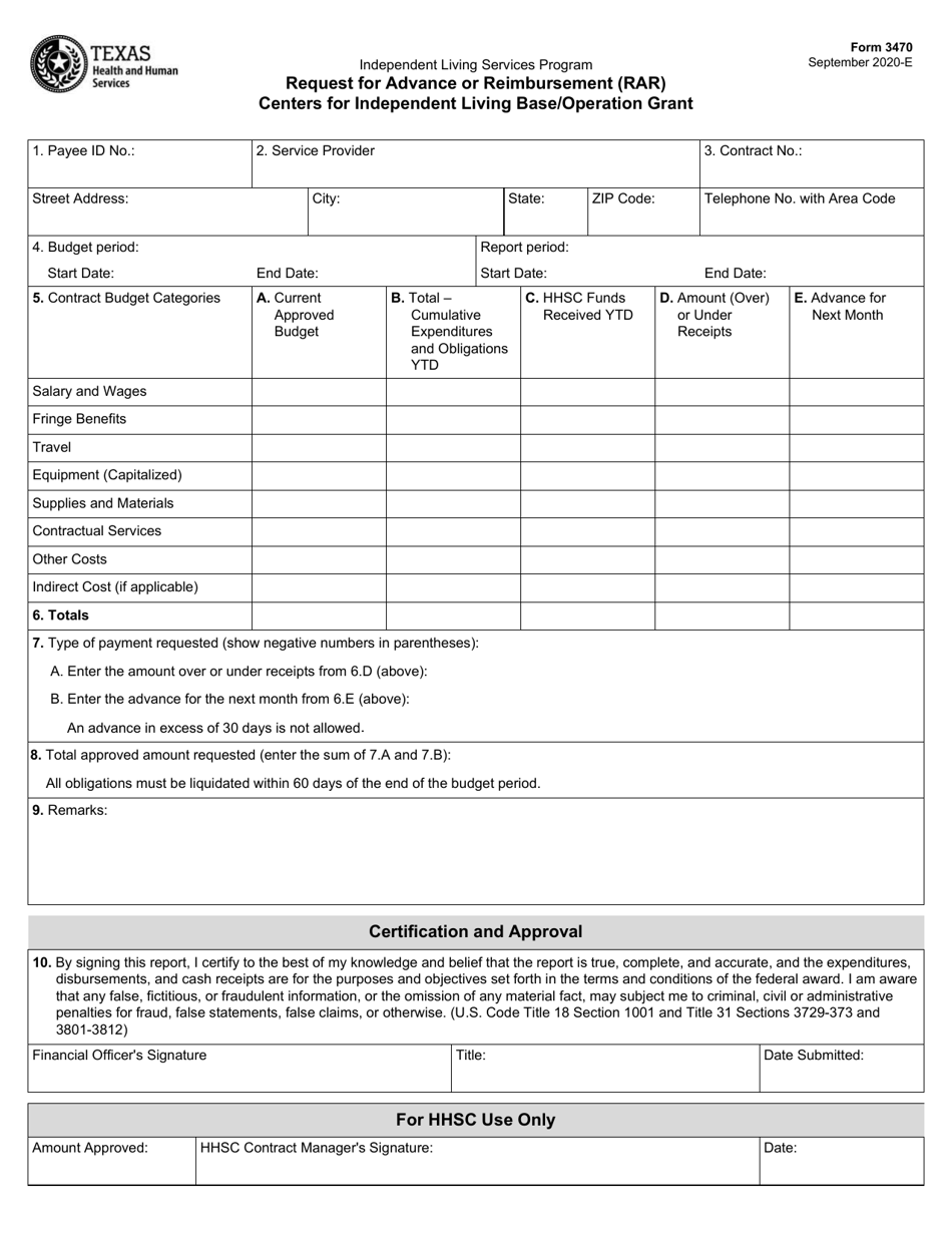 Form 3470 Request for Advance or Reimbursement (Rar) Centers for Independent Living Base / Operation Grant - Texas, Page 1