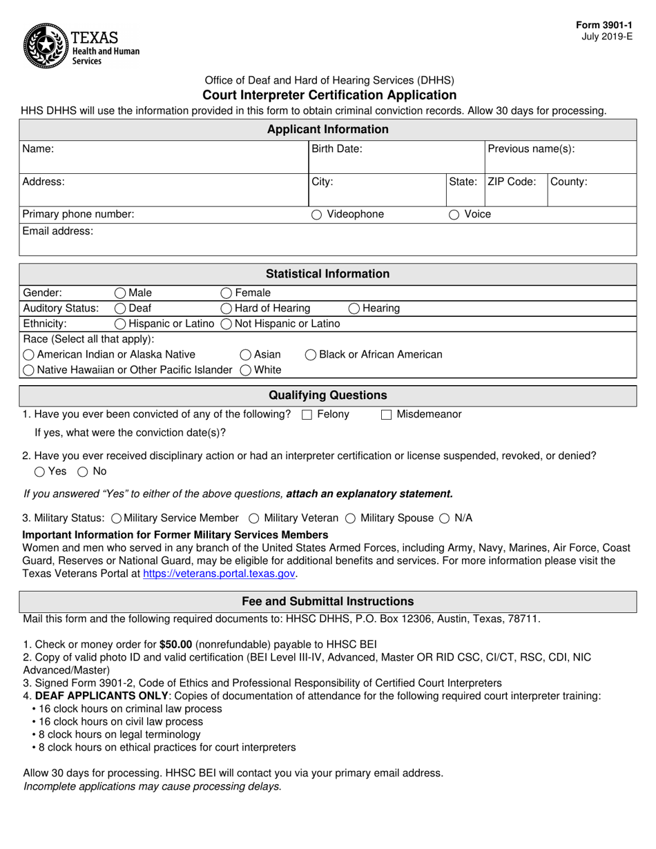 Form 3901-1 Court Interpreter Certification Application - Texas, Page 1