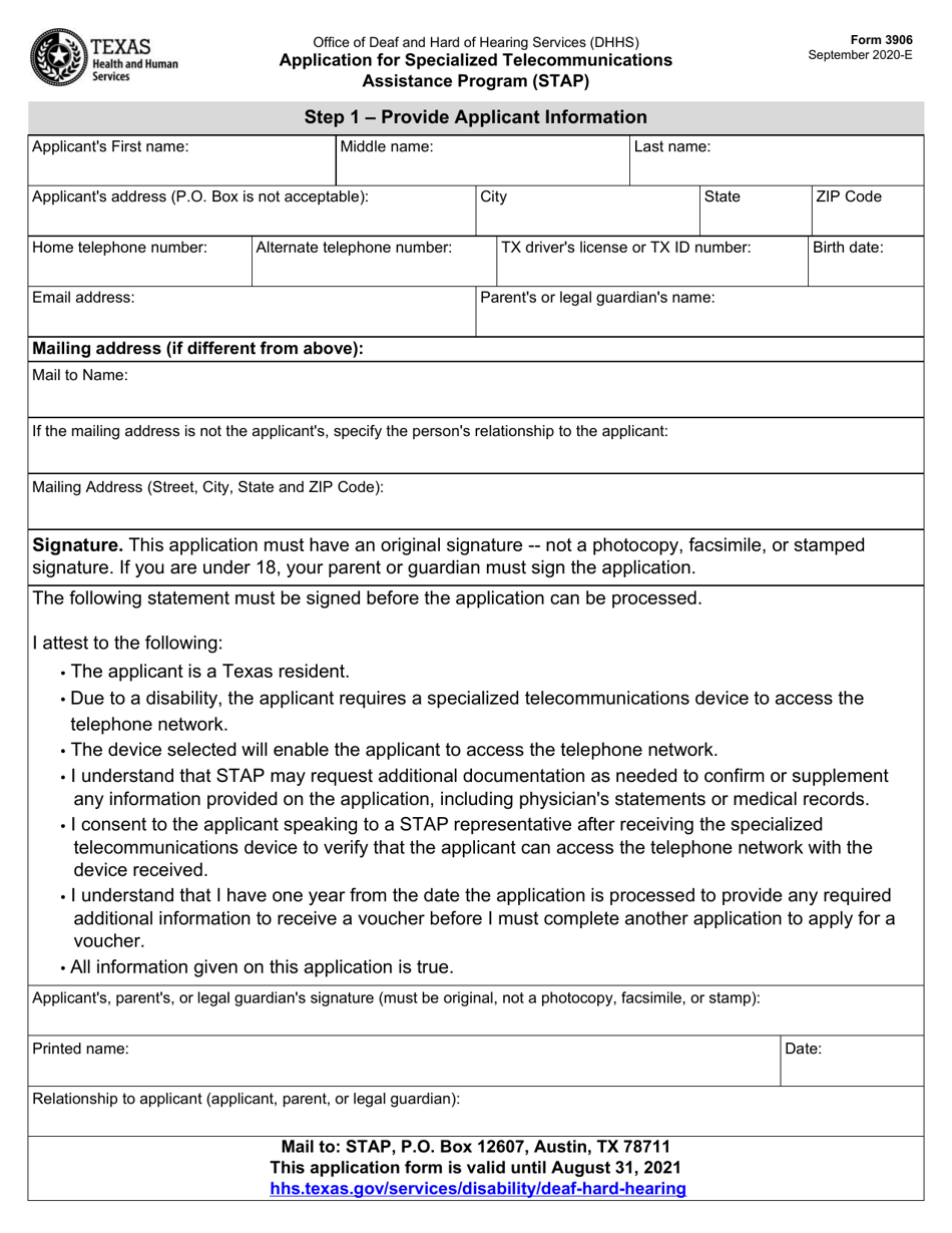 Form 3906 Application for Specialized Telecommunications Assistance Program (Stap) - Texas, Page 1