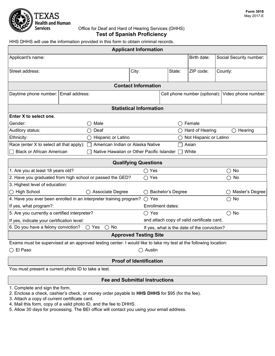 Form 3918 Test of Spanish Proficiency - Texas, Page 1