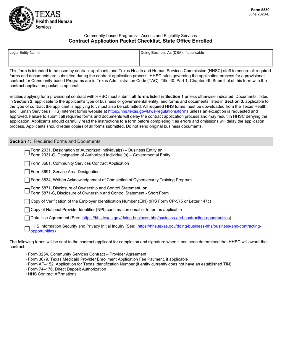 Form 5830 Community-Based Programs - Access and Eligibility Services Contract Application Packet Checklist, State Office Enrolled - Texas, Page 1