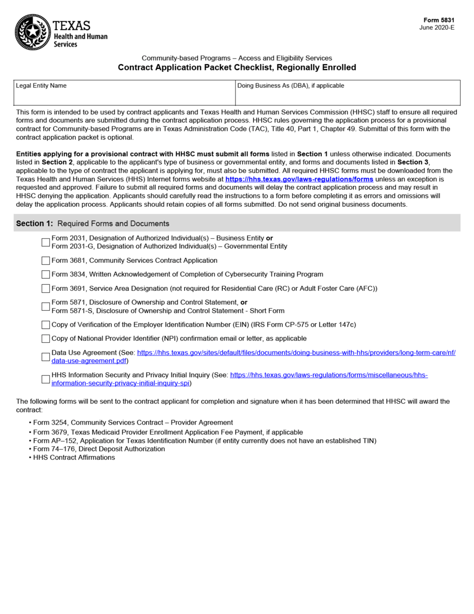 Form 5831 Community-Based Programs Access and Eligibility Services Contract Application Packet Checklist, Regionally Enrolled - Texas, Page 1