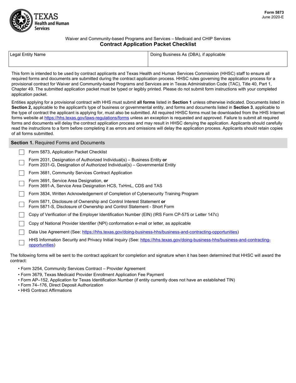 Form 5873 Waiver and Community-Based Programs and Services - Medicaid and Chip Services Contract Application Packet Checklist - Texas, Page 1