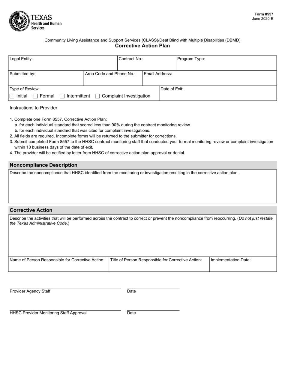 Form 8557 Class / Dbmd Corrective Action Plan - Texas, Page 1