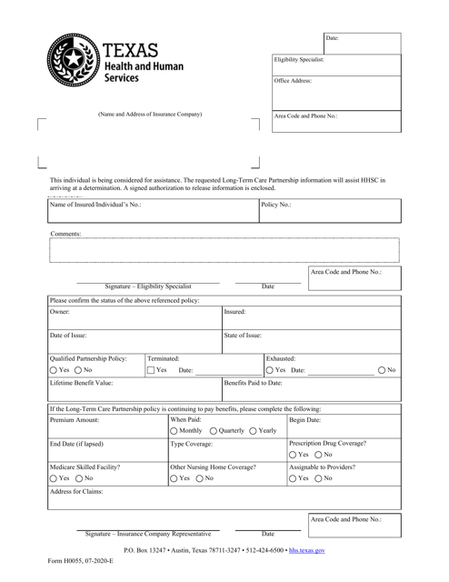 Form H0055 Verification of Long-Term Care Insurance Policies - Texas