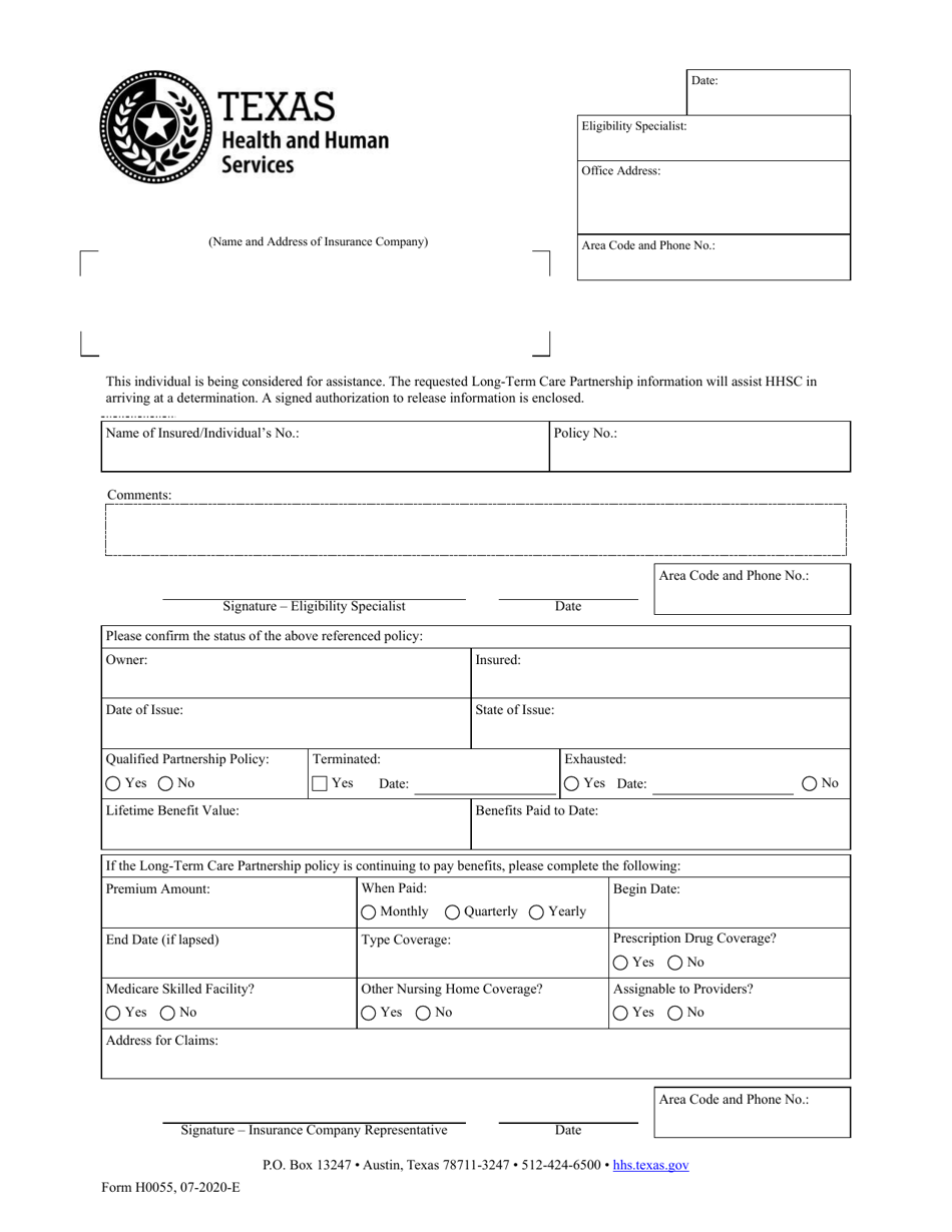 Form H0055 Verification of Long-Term Care Insurance Policies - Texas, Page 1
