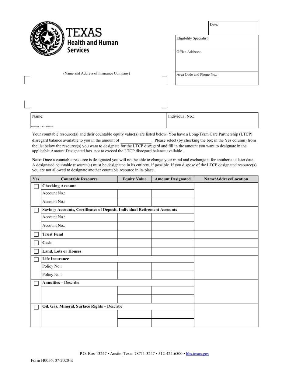 Form H0056 Notice of Opportunity to Designate Countable Resources - Texas, Page 1