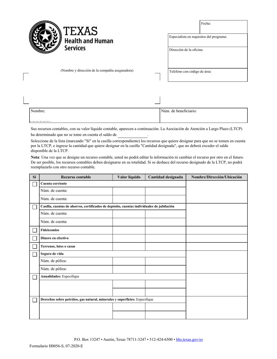 Formulario H0056-S Notice of Opportunity to Designate Countable Resources - Texas (Spanish), Page 1