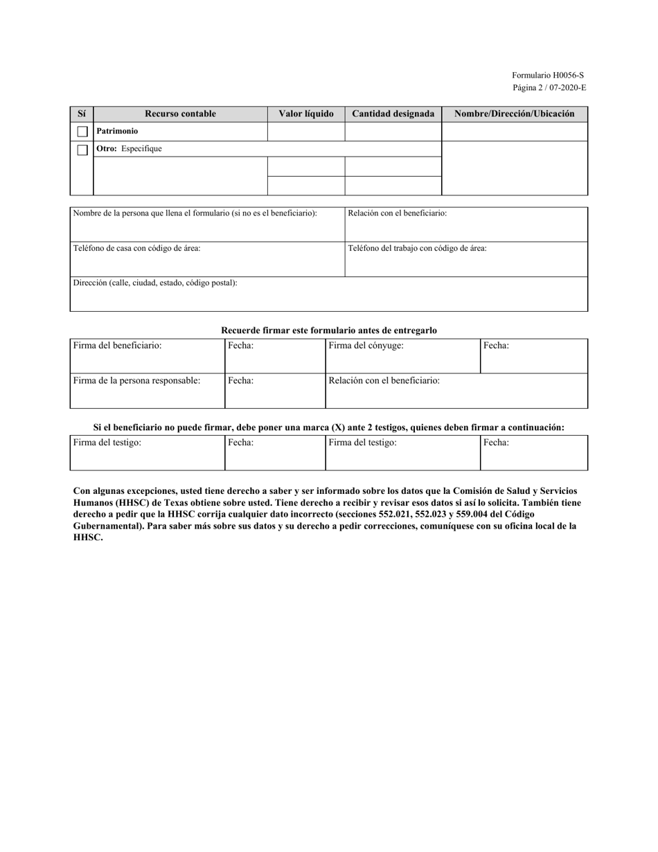 Formulario H0056-S Notice of Opportunity to Designate Countable Resources - Texas (Spanish), Page 2