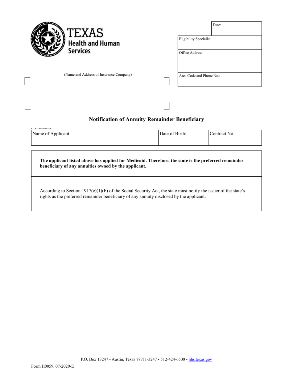 Form H0059 Notification of Annuity Remainder Beneficiary - Texas, Page 1