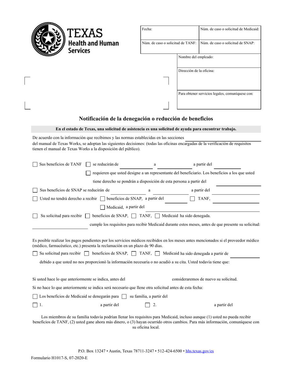 Formulario H1017-S Notificacion De La Denegacion O Reduccion De Beneficios - Texas (Spanish), Page 1