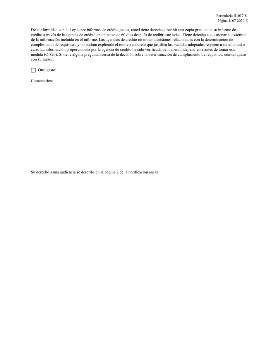 Formulario H1017-S Notificacion De La Denegacion O Reduccion De Beneficios - Texas (Spanish), Page 4