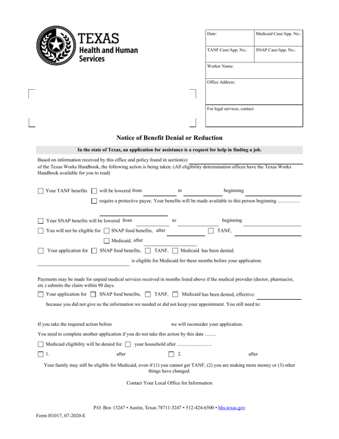 Form H1017 Notice of Benefit Denial or Reduction - Texas