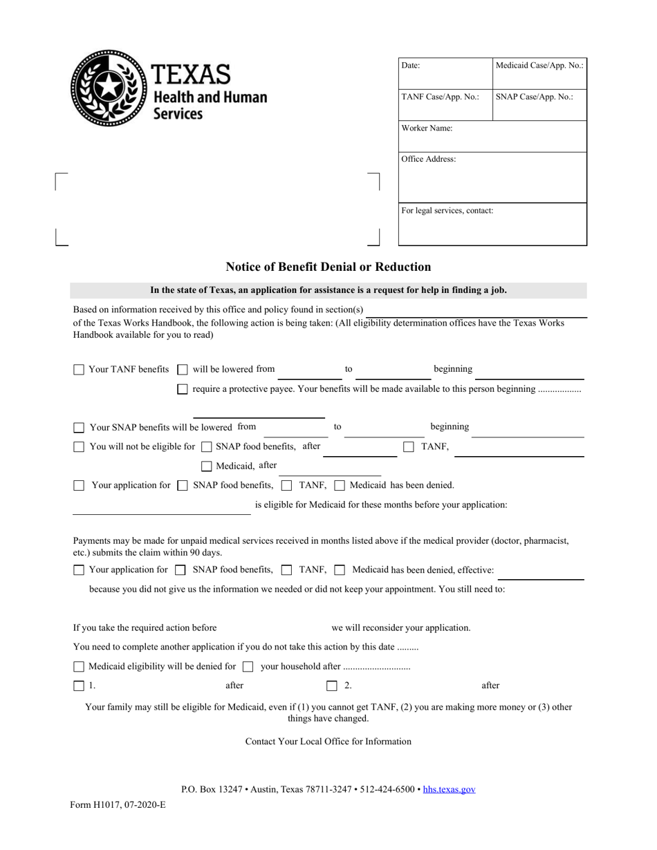 Form H1017 Download Fillable PDF or Fill Online Notice of Benefit ...