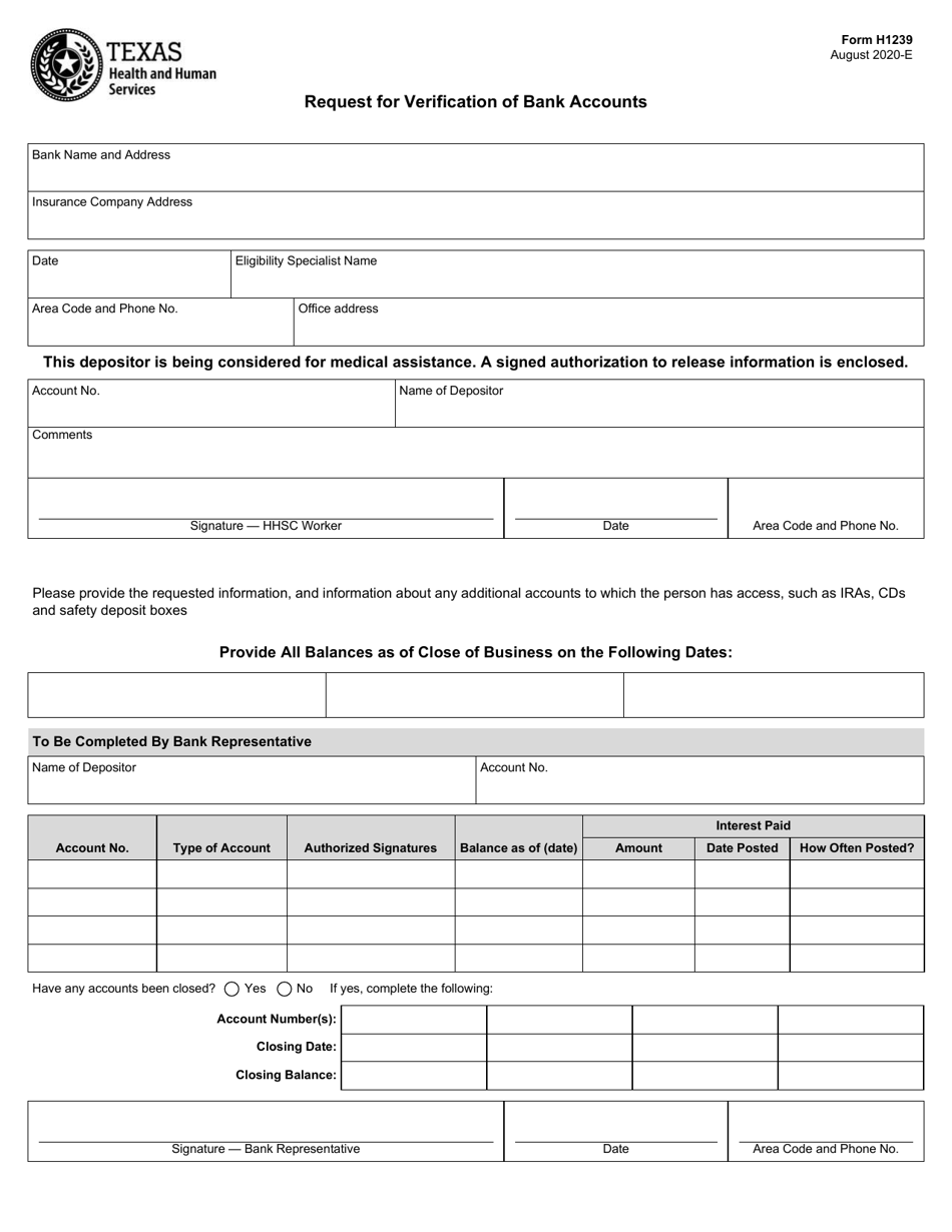 Form H1239 Request for Verification of Bank Accounts - Texas, Page 1