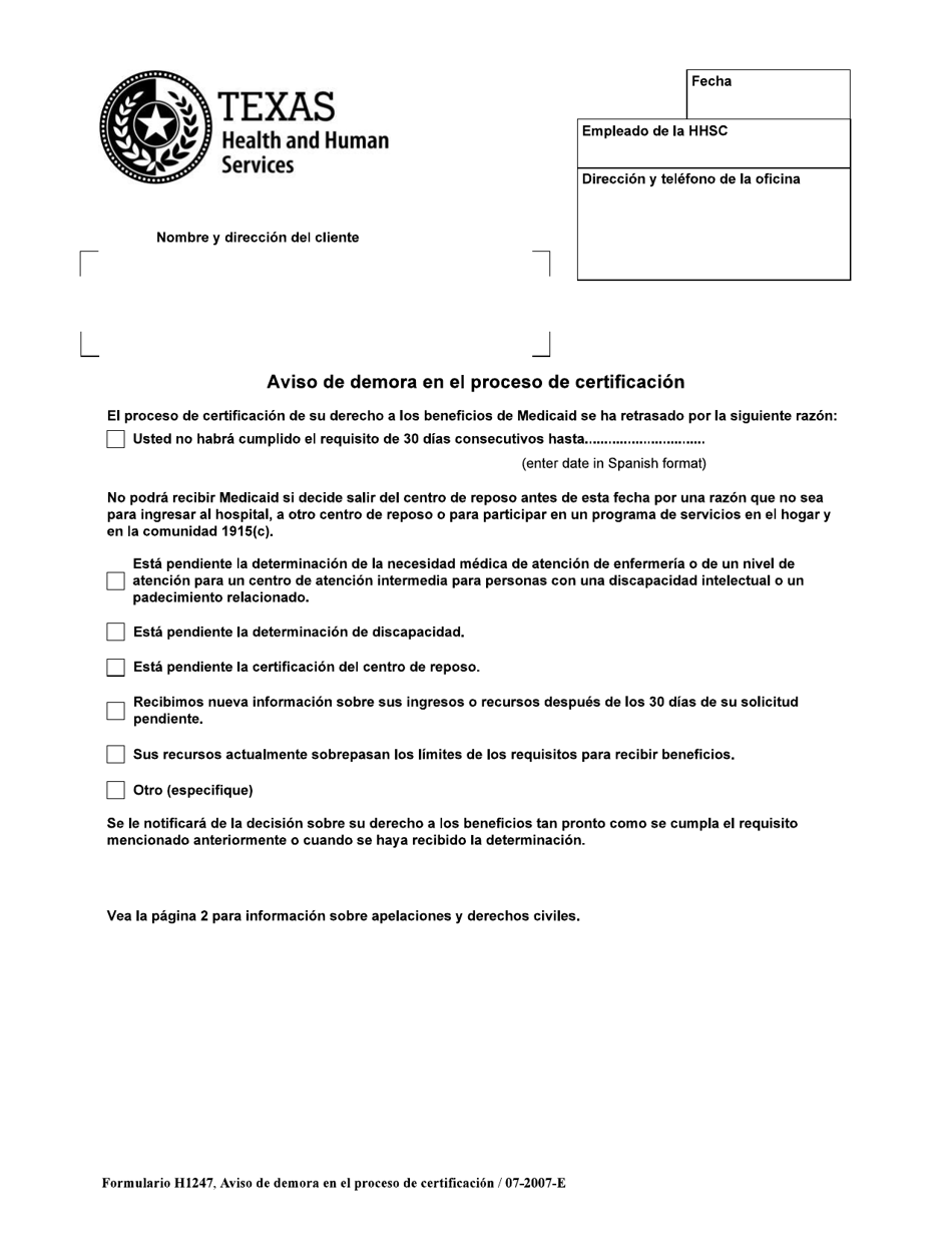 Formulario H1247-S Aviso De Demora En El Proceso De Certificacion - Texas (Spanish), Page 1