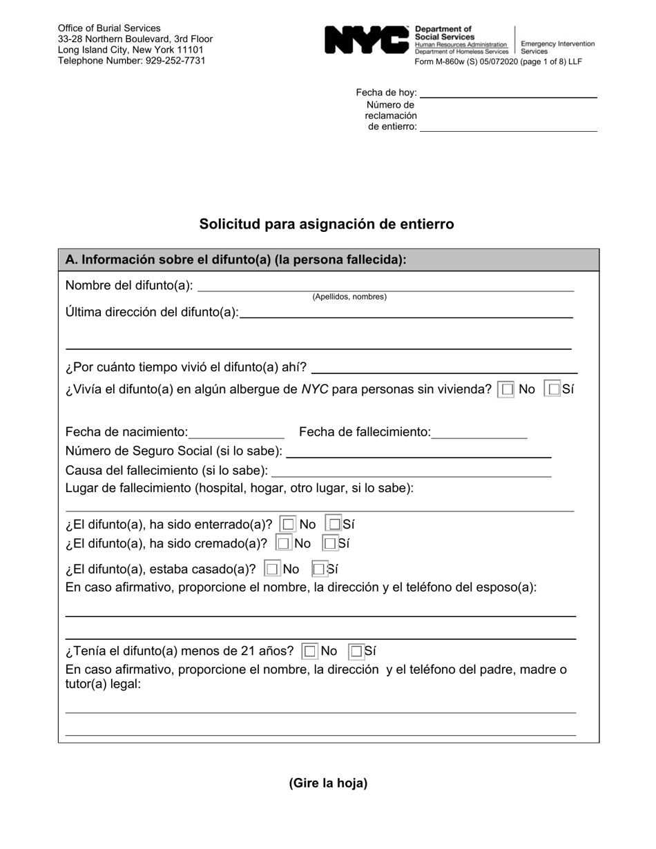 Formulario M-860W Solicitud Para Asignacion De Entierro - New York City (Spanish), Page 1