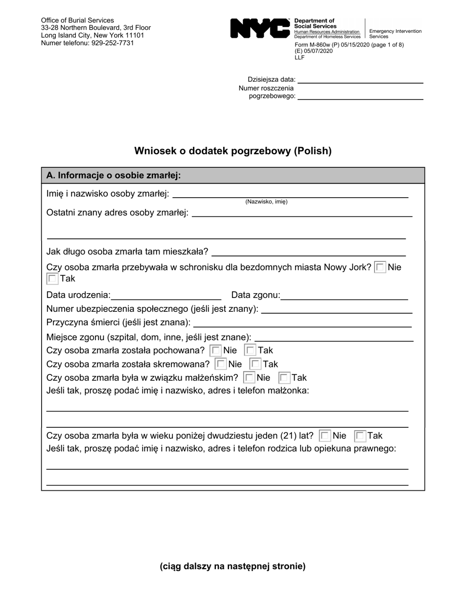 Form M-860W Application for Burial Allowance - New York City (Polish), Page 1