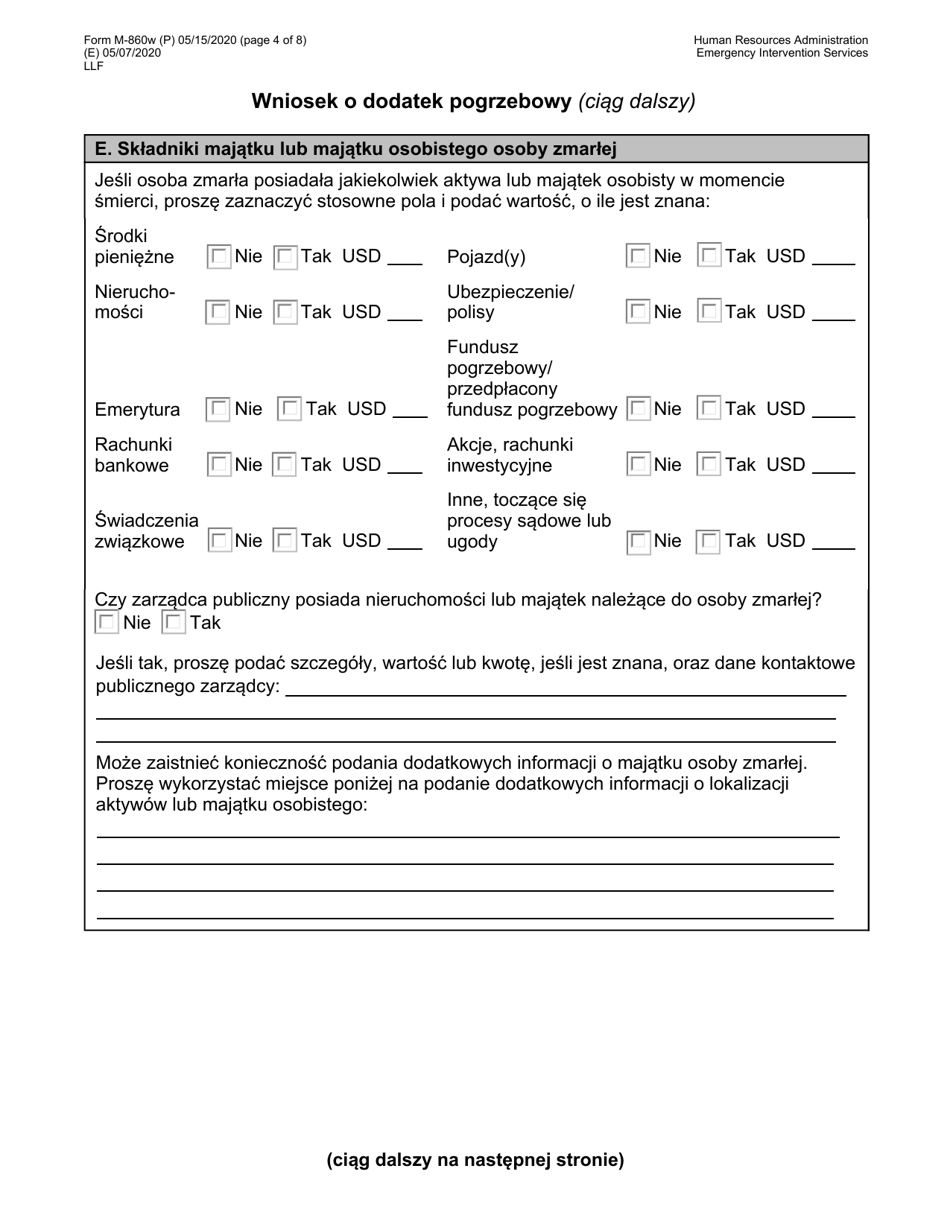 Form M-860W Application for Burial Allowance - New York City (Polish), Page 4