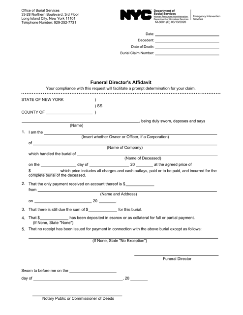 Form M-860N Funeral Director's Affidavit - New York City