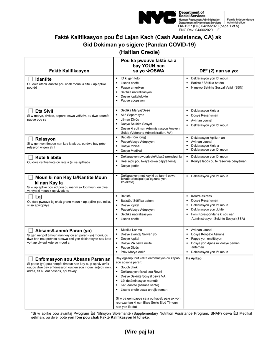 Form FIA-1227 Cash Assistance (Ca) Eligibility Factors and Suggested Documentation Guide (During Covid-19) - New York City (Haitian Creole), Page 1