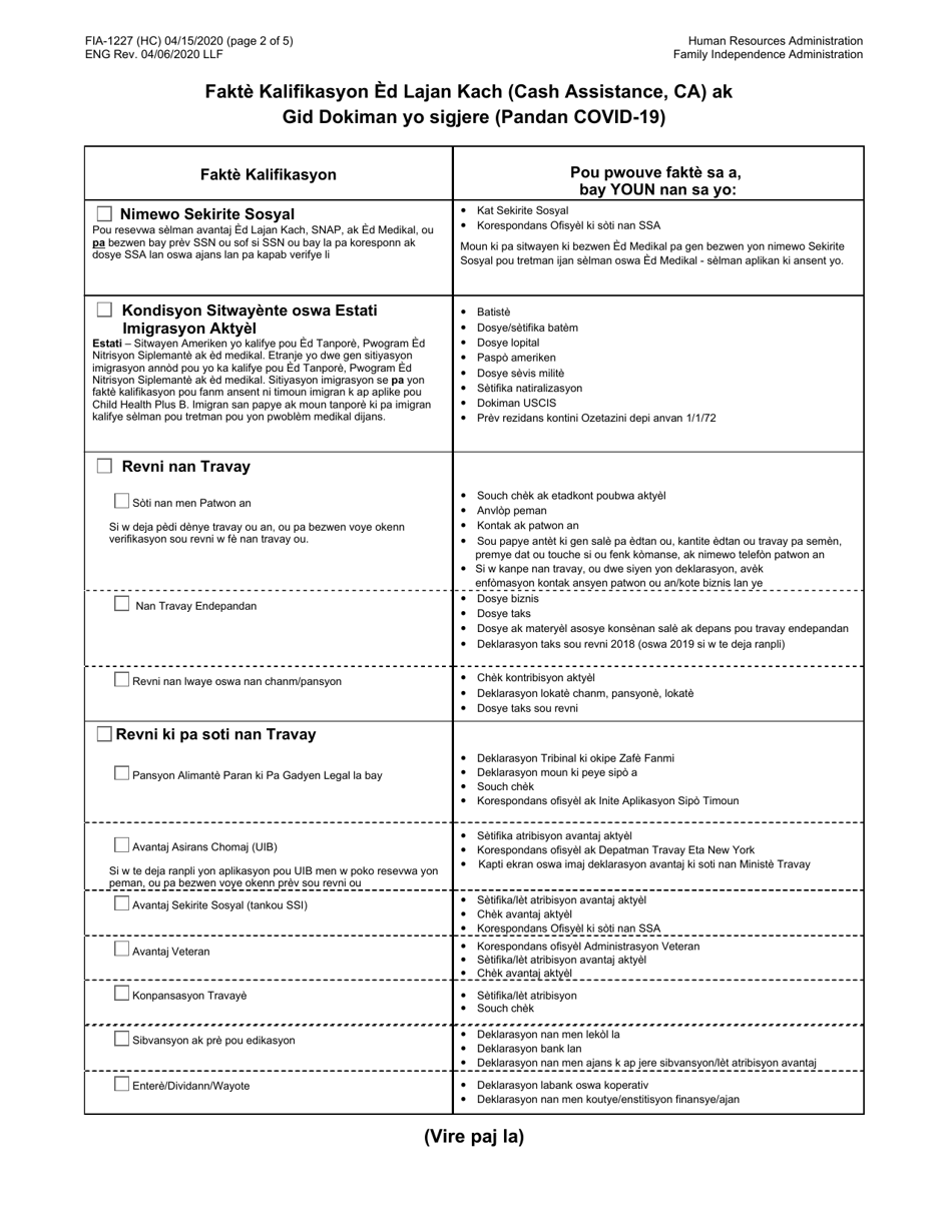 Form FIA-1227 Cash Assistance (Ca) Eligibility Factors and Suggested Documentation Guide (During Covid-19) - New York City (Haitian Creole), Page 2