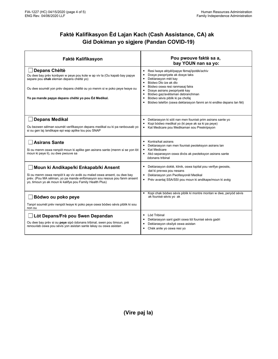 Form FIA-1227 Cash Assistance (Ca) Eligibility Factors and Suggested Documentation Guide (During Covid-19) - New York City (Haitian Creole), Page 4