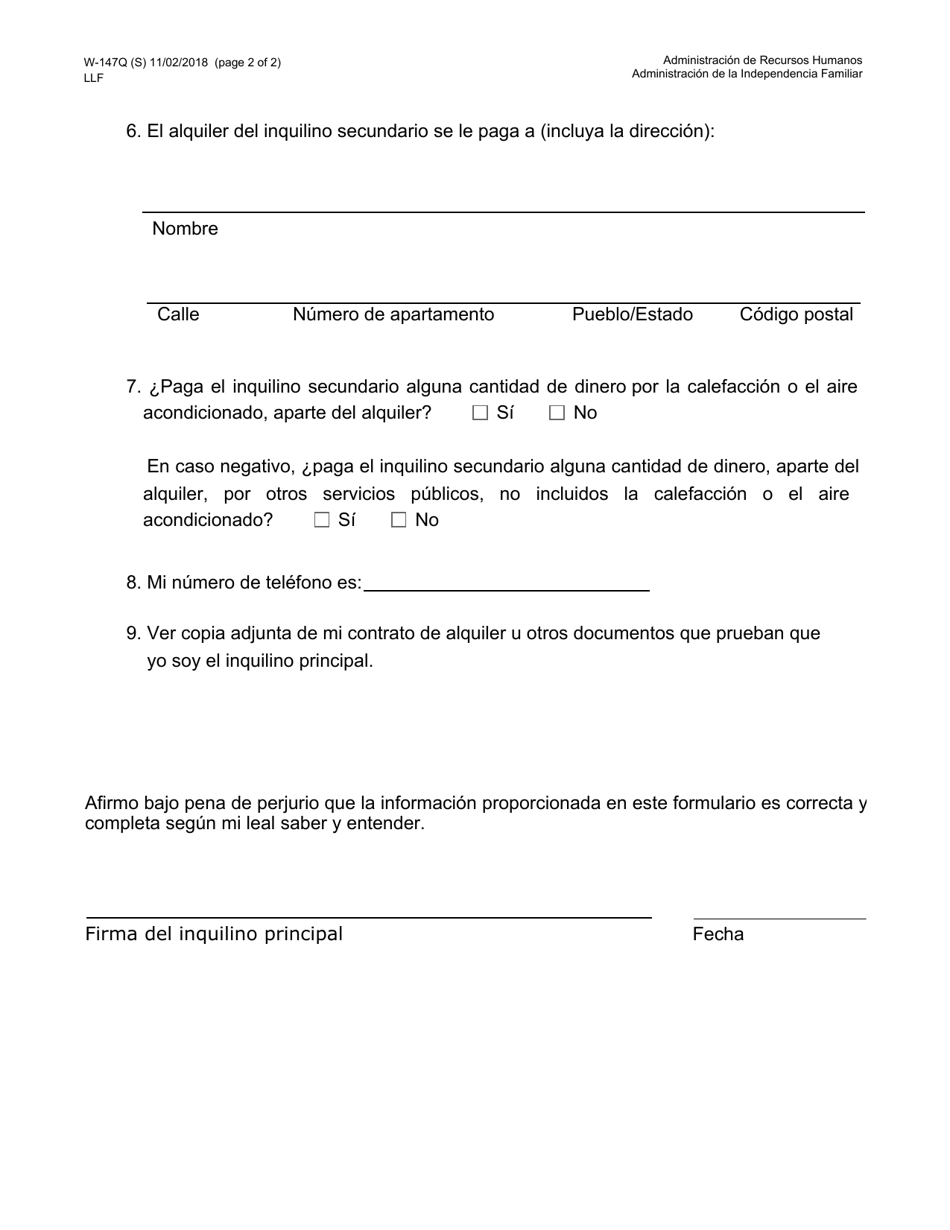 Formulario W-147Q Verificacion De Residencia Y Costo De Vivienda Del Inquilino Secundario - New York City (Spanish), Page 2