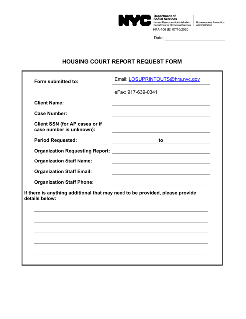 Form HPA-106 Housing Court Report Request Form - New York City