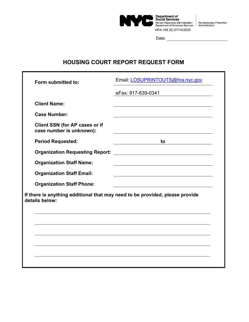 Form Hpa 106 Download Fillable Pdf Or Fill Online Housing Court Report Request Form New York City Templateroller